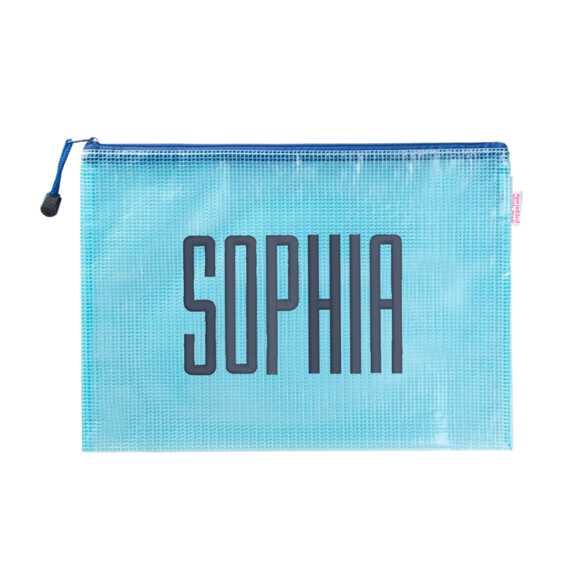 Light blue mesh pool bag with a navy zipper printed 'Sophia' in navy block lettering, on a white background.