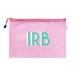 Pink mesh pool bag with a red zipper appliqued 'IRB' in white and teal, on a white background.