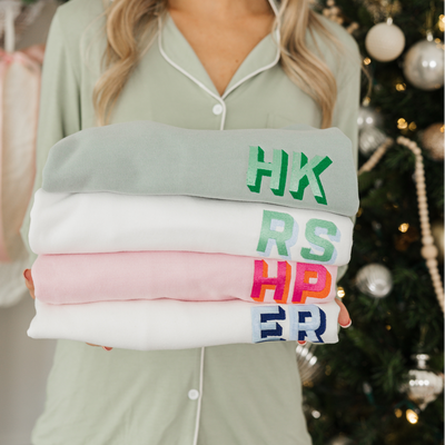 Custom monogram sweatshirt with initials, personalized cozy holiday gift set.