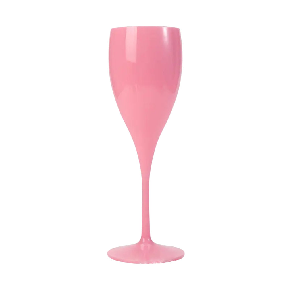 Set of two pink acrylic champagne flutes designed for outdoor entertaining, bridal parties, and fun summer celebrations