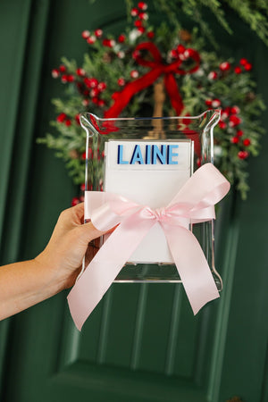 Woman holding acrylic notepad holder with monogram, chic personalized stationery gift