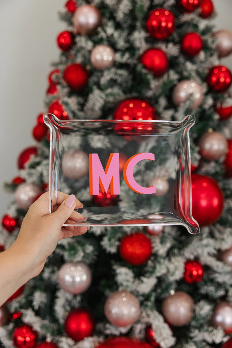 Personalized acrylic tray from Sprinkled With Pink with custom monogram, holiday serving tray gift idea