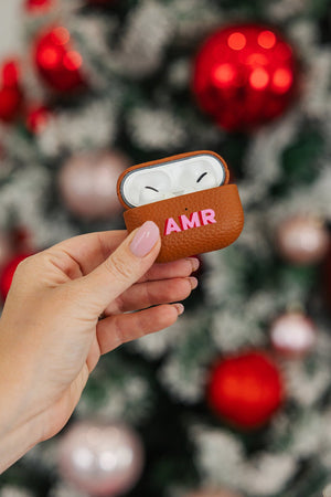 Custom AirPods Pro case with monogram, festive holiday stocking stuffer.