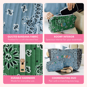 A 2x2 collage showing close-up and in-use views of a quilted bandana-pattern tote bag and matching pouch. Text callouts describe quilted bandana fabric, a spacious roomy interior, durable hardware, and coordinating duo bags.