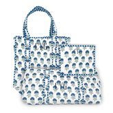 Block Print Essentials Set with tote, pouch, and duffel bag featuring embroidered monograms.