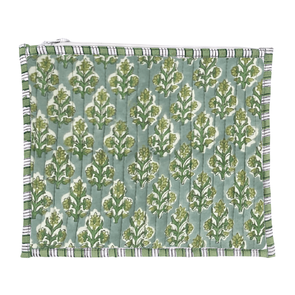 Green floral Embroidered Block Print Flat Pouch with zipper, handmade and perfect for custom monogramming.
