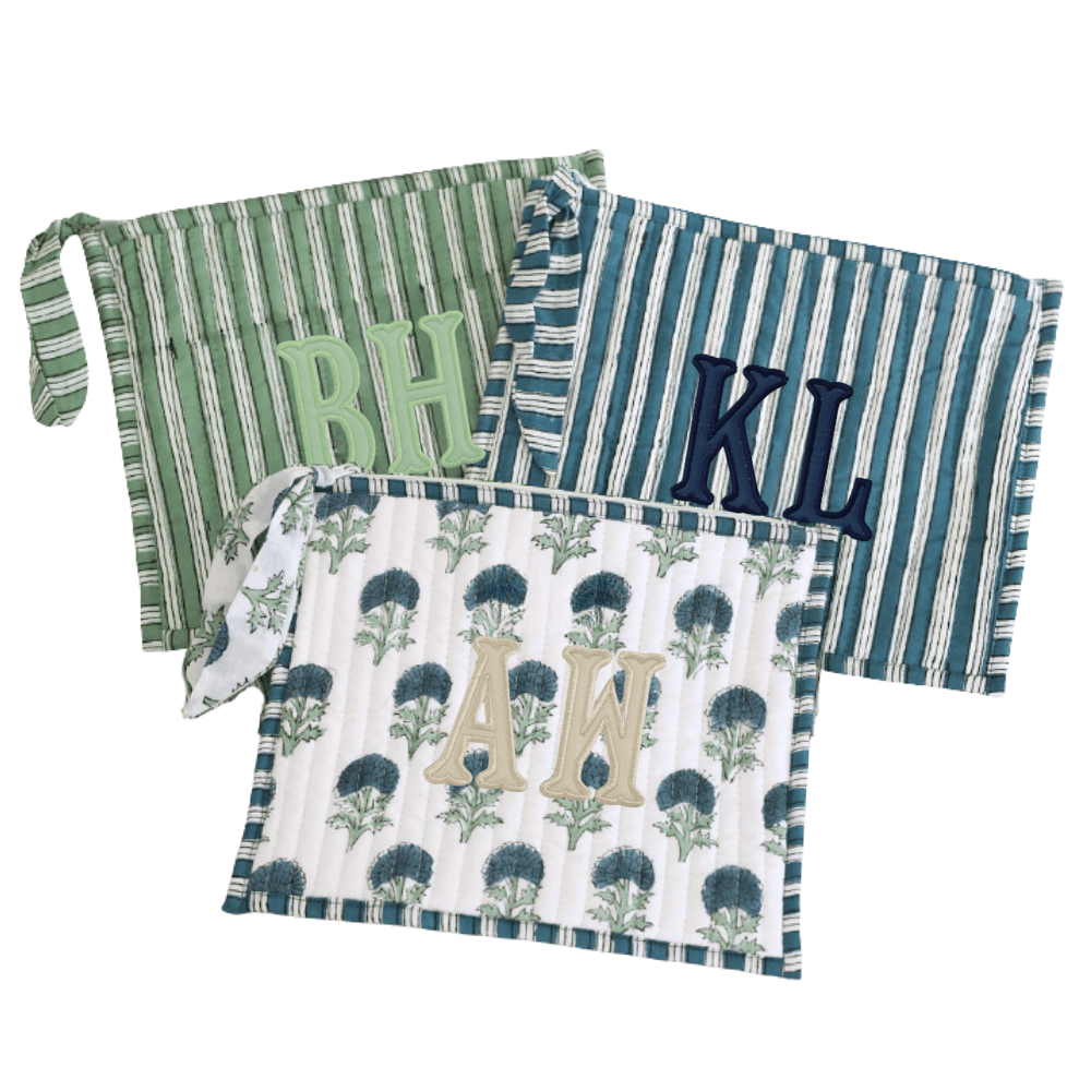 Striped and floral Block Print Flat Pouches with appliqué monograms BH, KL, AW.