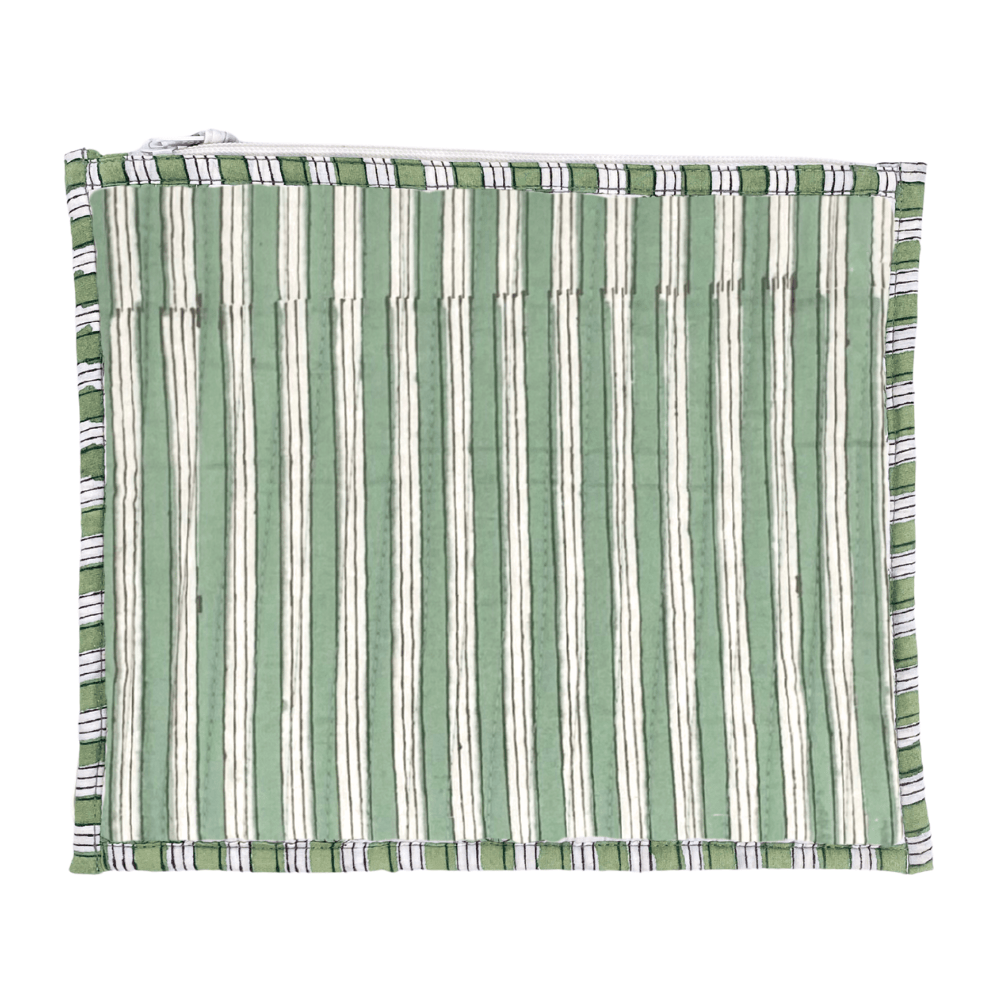 Green striped Embroidered Block Print Flat Pouch with zipper closure, ideal for everyday use or gifting.