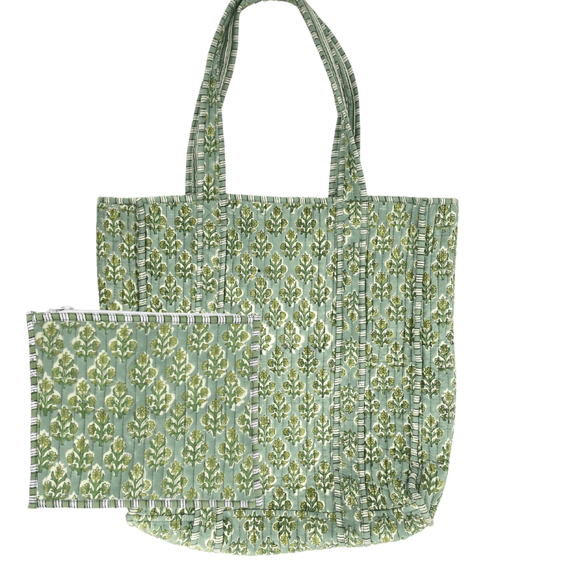 Green Block Print Tote & Pouch Set with embroidered monogram, quilted cotton style for travel or gifts.
