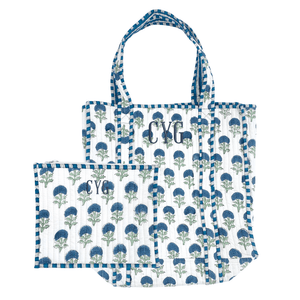 Embroidered Block Print Tote & Pouch Set in white with blue floral print and monogram initials.
