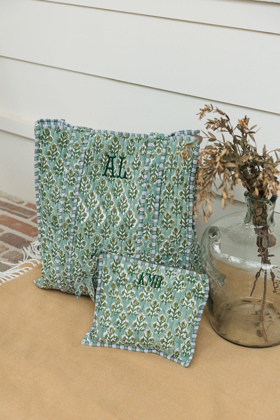 Embroidered Block Print Tote & Pouch Set in white with blue floral print and monogram initials.