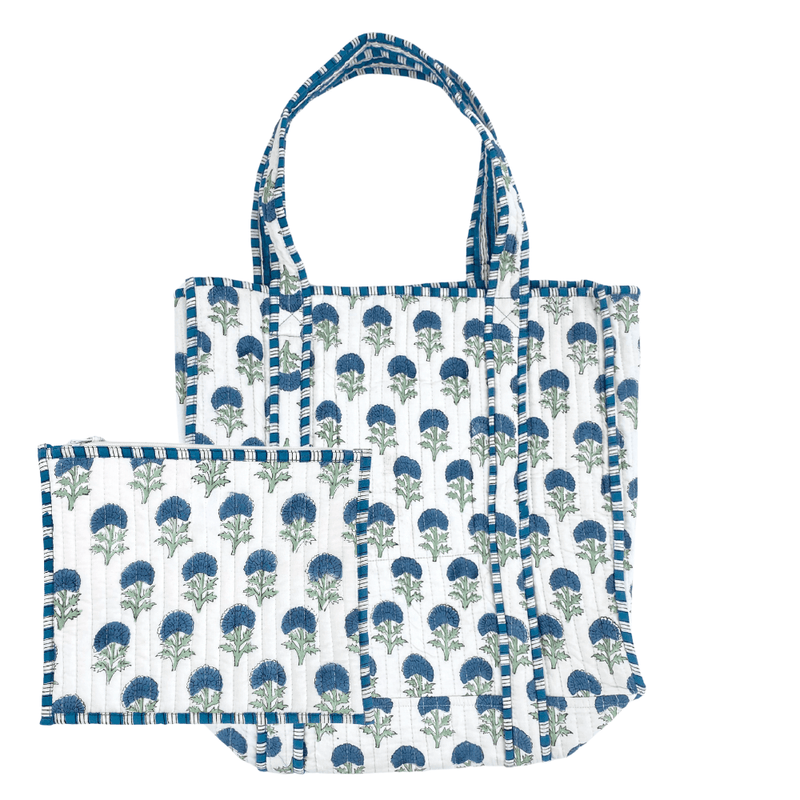 White Block Print Tote & Pouch Set with embroidered initials, quilted floral tote and pouch for gifting or travel.