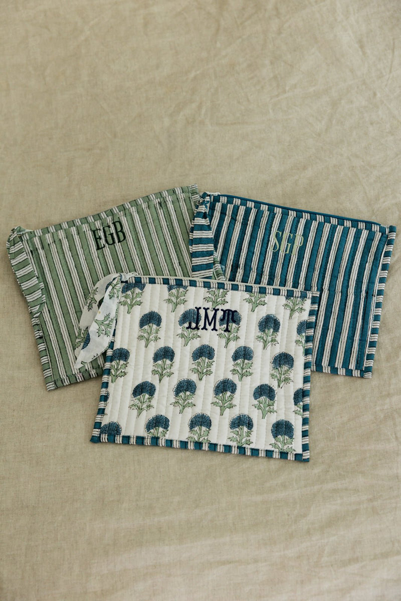 Blue and white Block Print Tote & Pouch Set embroidered with monogram initials, travel ready.