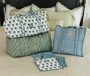 Monogrammed Block Print Tote with matching pouch, handmade in floral block print fabric.