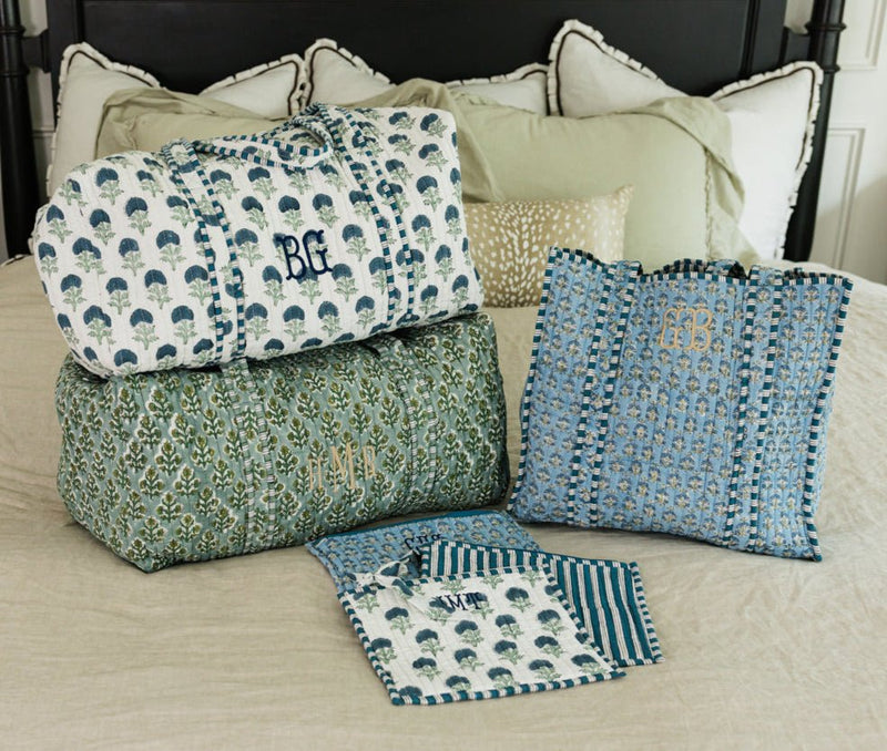Monogrammed Block Print Tote with matching pouch, handmade in floral block print fabric.