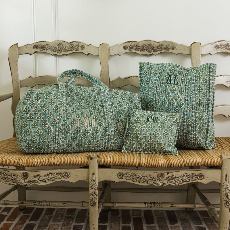 Handmade Embroidered Block Print Tote & Pouch Set featuring green floral block print design.