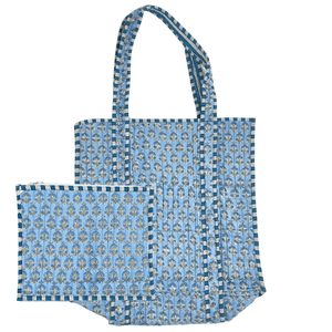 Blue Block Print Tote & Pouch Set featuring custom embroidery, quilted cotton design perfect for daily carry.