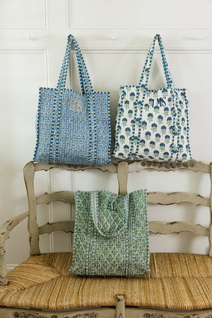Embroidered Block Print Tote & Pouch Set in green and blue prints, displayed as a gift set.