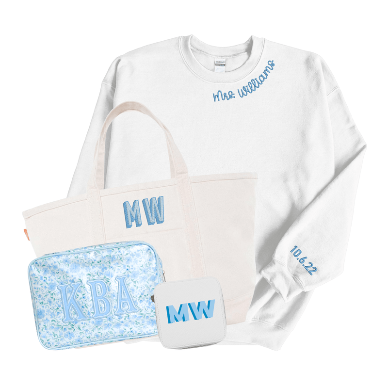 Mother’s Day Gift Bundle with waffle knit robe, acrylic frame, and clear coated XL pouch for mom.