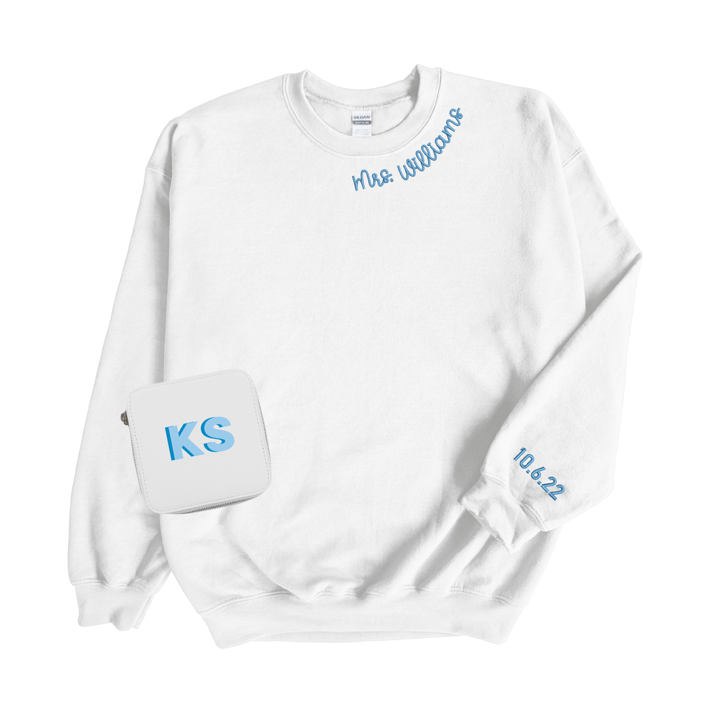 Bride gift set including monogram sweatshirt, and monogram travel jewelry case