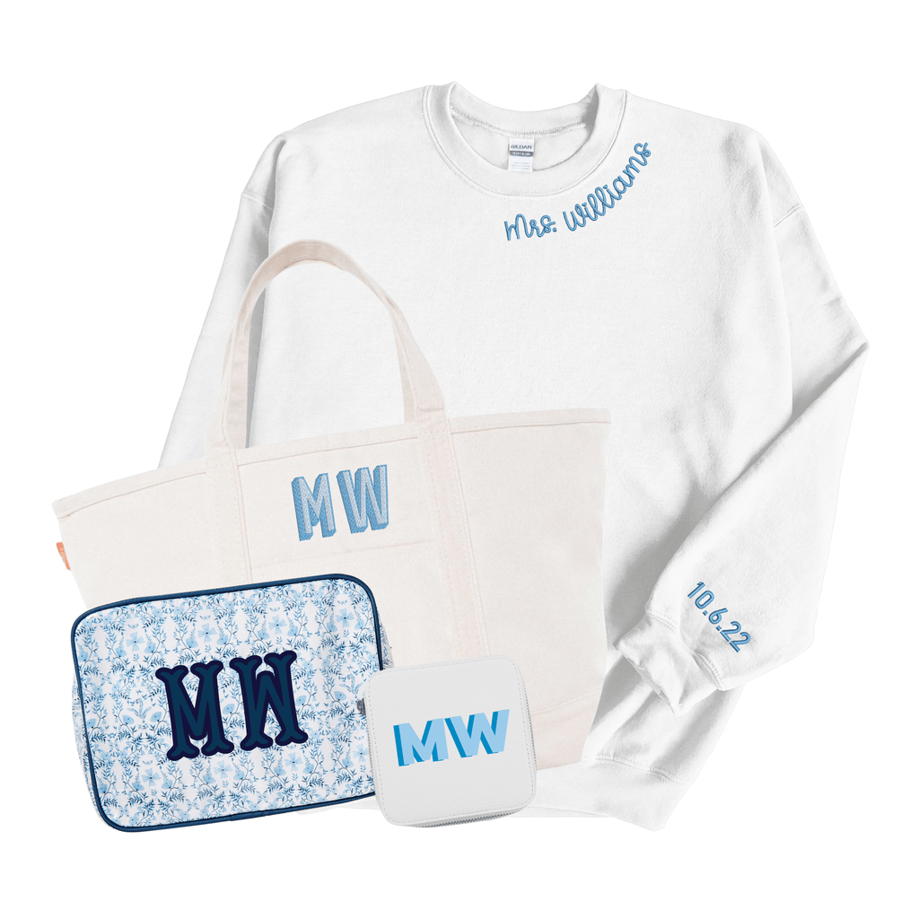 Mother’s Day Gift Bundle with waffle knit robe, acrylic frame, and clear coated XL pouch for mom.