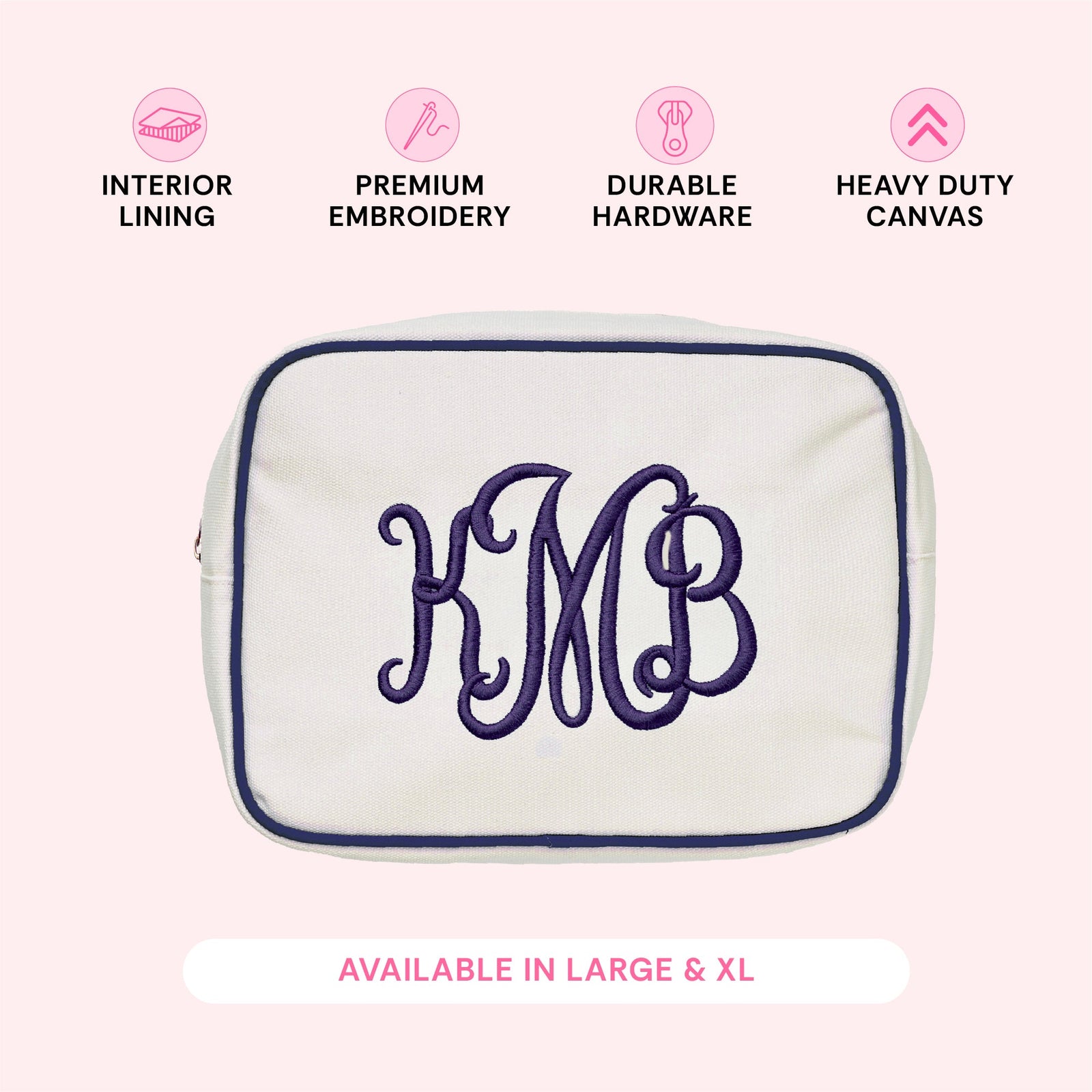 Pink embroidered canvas pouch set in two sizes, ideal for travel or gifts.