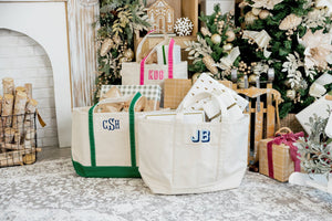 Personalized canvas tote bag with embroidered monogram, durable and stylish gift.
