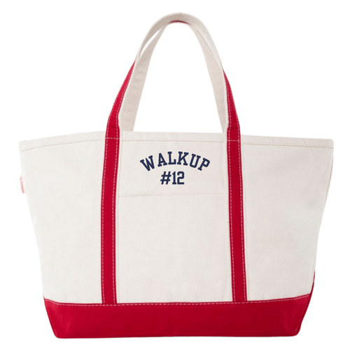 Canvas tote bag with red handles, embroidered 'WALKUP #12' in navy.