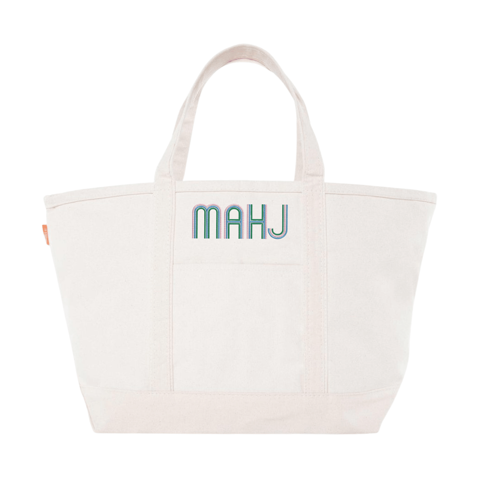 Cream canvas tote embroidered 'MAHJ' in a retro multicolor font, on a white background.