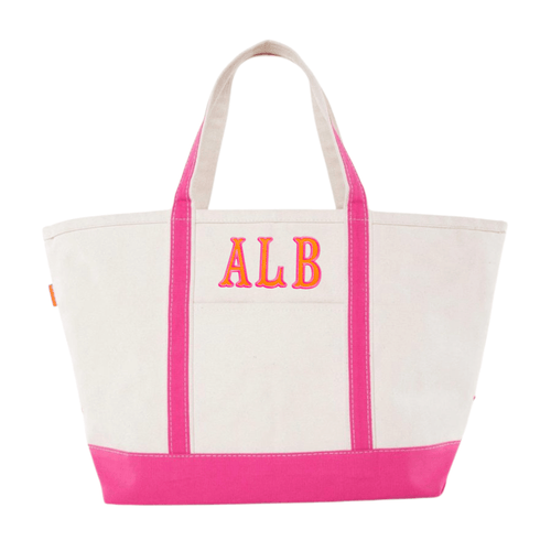 Natural canvas tote with pink trim appliqued ALB in orange and pink