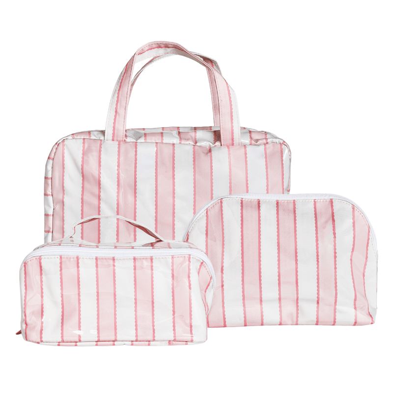Three-piece travel set featuring a tote bag and two zippered pouches in a pink and white striped pattern, displayed on a clean white background.