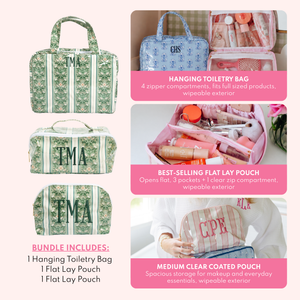 Infographic for a green floral stripe clear coated essentials set monogrammed TMA, showing the bundle includes a hanging toiletry bag and two flat lay pouches, with photos highlighting the hanging toiletry bag, flat lay pouch, and a medium clear coated pouch monogrammed CPE