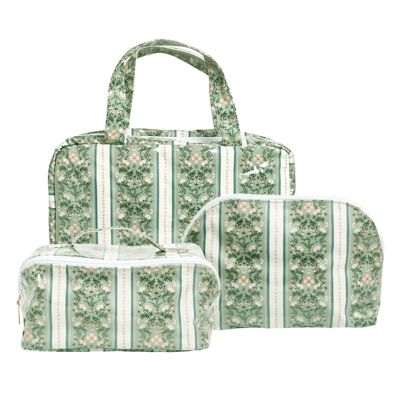 Three-piece travel luggage set featuring a green and white floral pattern with vertical stripes, including a large duffel bag, a medium suitcase, and a small toiletry bag, shown on a white background.