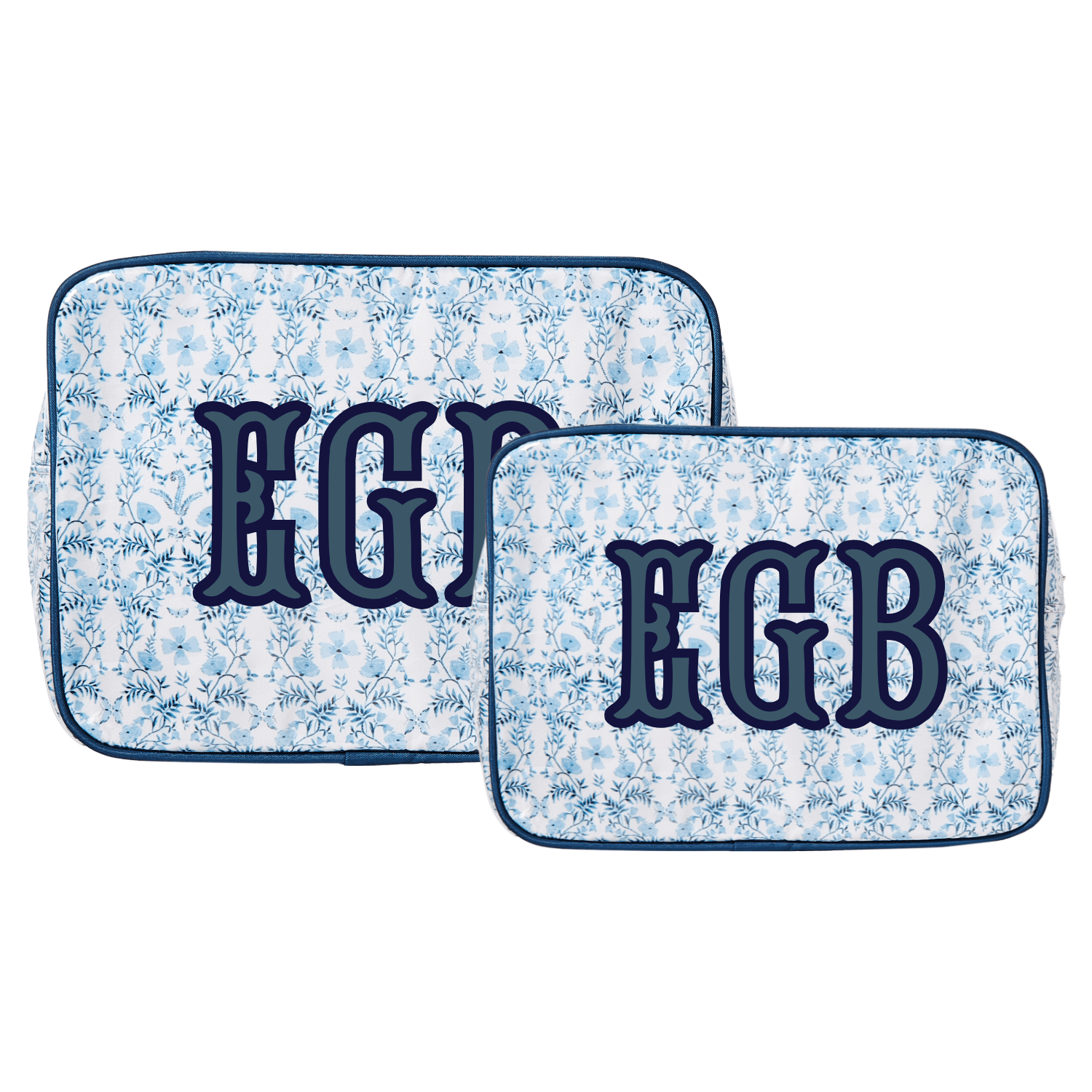 Blue floral clear coated pouch set, wipeable and stylish travel organizers available in large and medium.