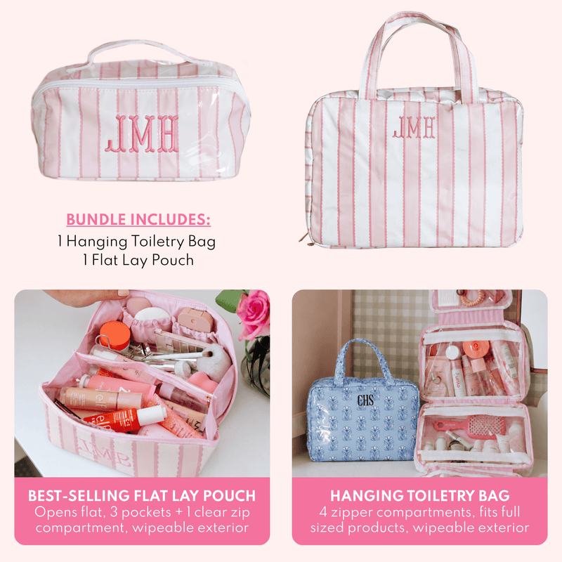 Infographic for a pink striped clear coated travel set monogrammed JMH, showing the bundle includes a hanging toiletry bag and a flat lay pouch, with photos highlighting the flat lay pouch open with makeup and the hanging toiletry bag with compartments