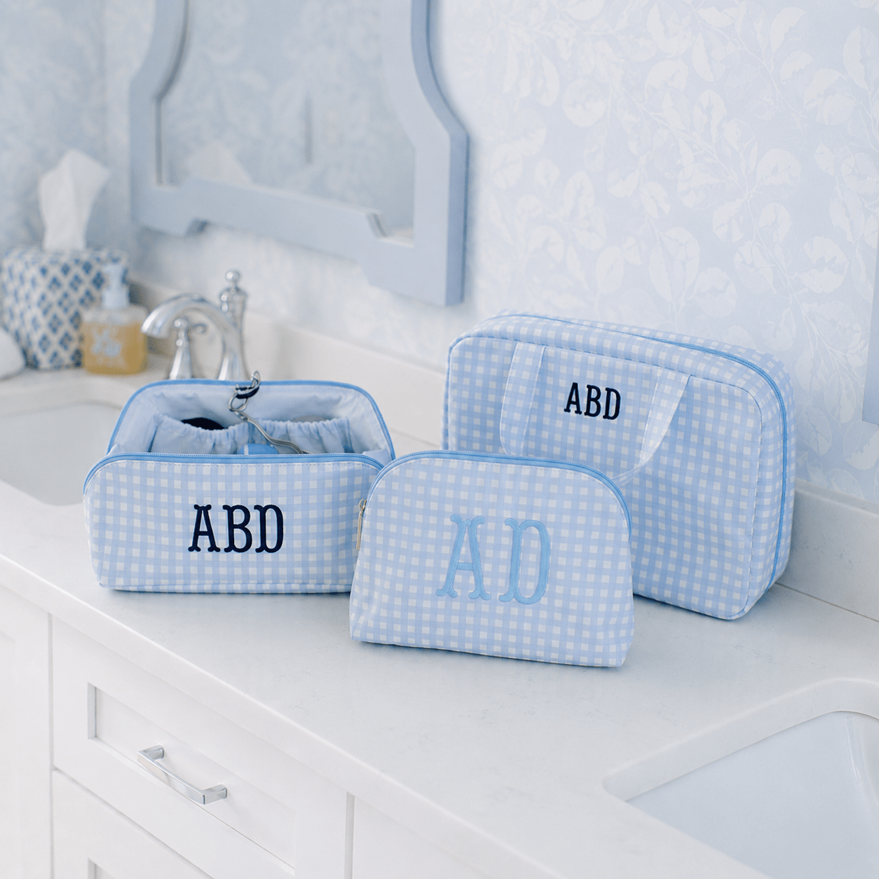 Coastal clear coated essentials set in blue and white stripe with matching train case, dome pouch, and tote monogrammed CHS