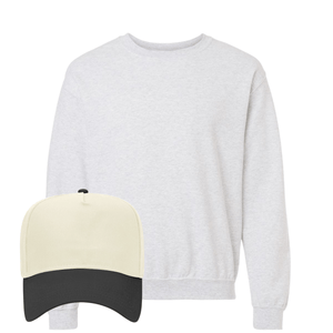 Heather gray crewneck + cream-black “GAMEDAY” hat.