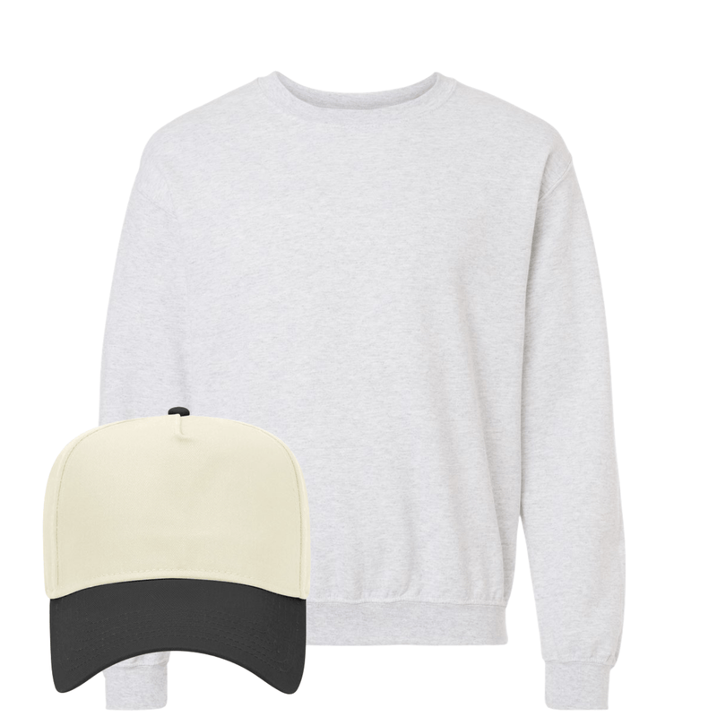 Heather gray crewneck + cream-black “GAMEDAY” hat.