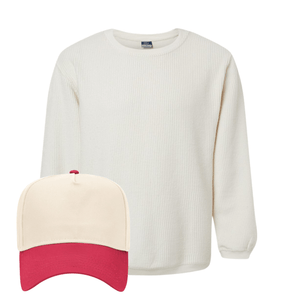 Ribbed ivory crewneck + cream-red “GAMEDAY” hat.
