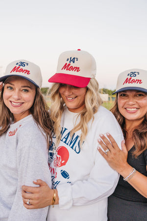 Three moms in stadium wear Custom #'s Mom 3D Puff Vintage Trucker Hats customized with #14, #5, and team names.