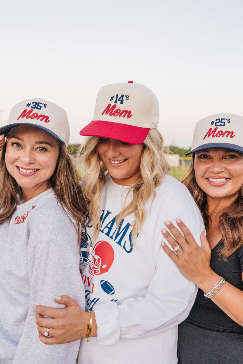 Three moms in stadium wear Custom #'s Mom 3D Puff Vintage Trucker Hats customized with #14, #5, and team names.