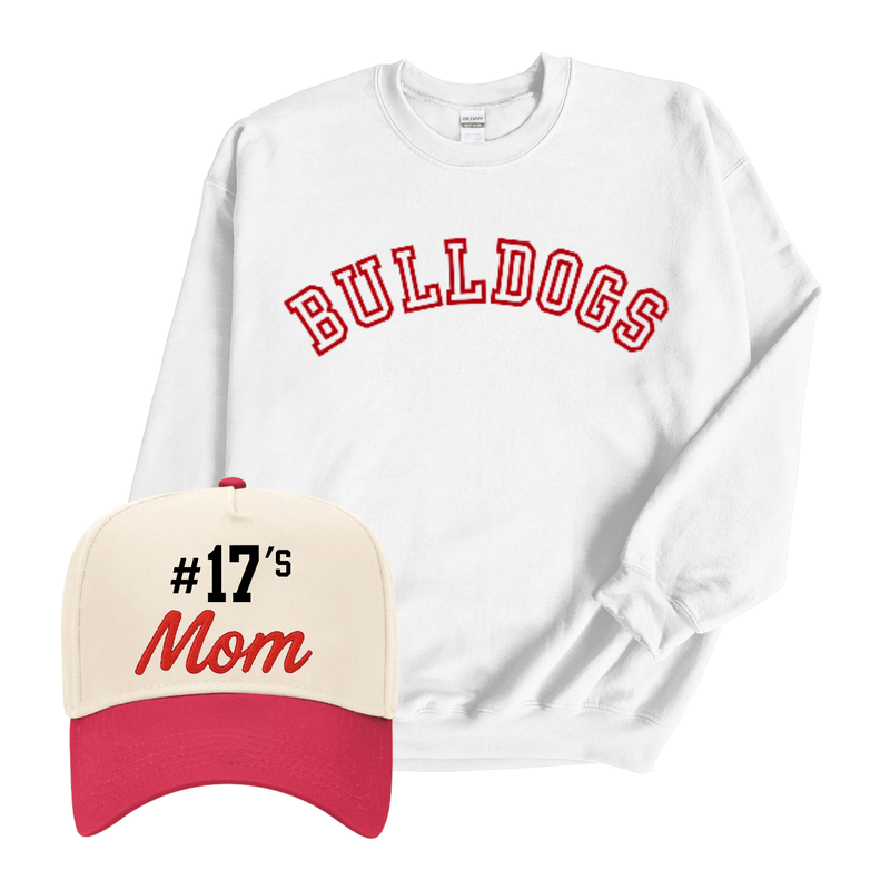 White “BULLDOGS” crewneck sweatshirt paired with cream-red trucker hat embroidered “#17’s Mom” bundle.