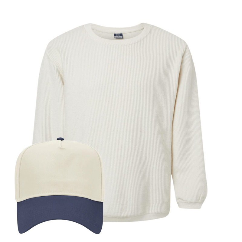 Ribbed ivory crewneck + cream-navy “GAMEDAY” hat.