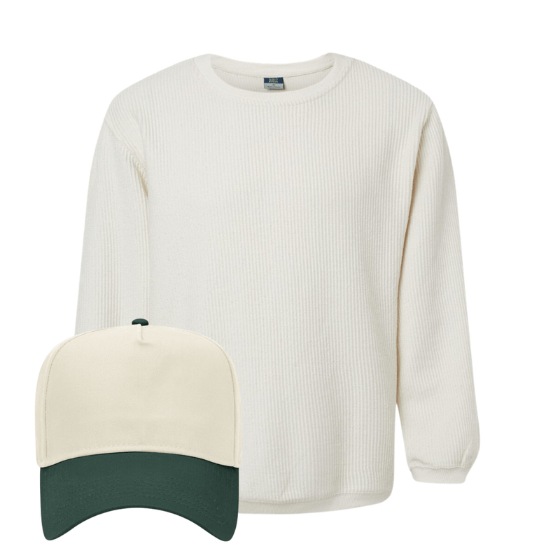 Ribbed ivory crewneck + cream-green “GAMEDAY” hat.