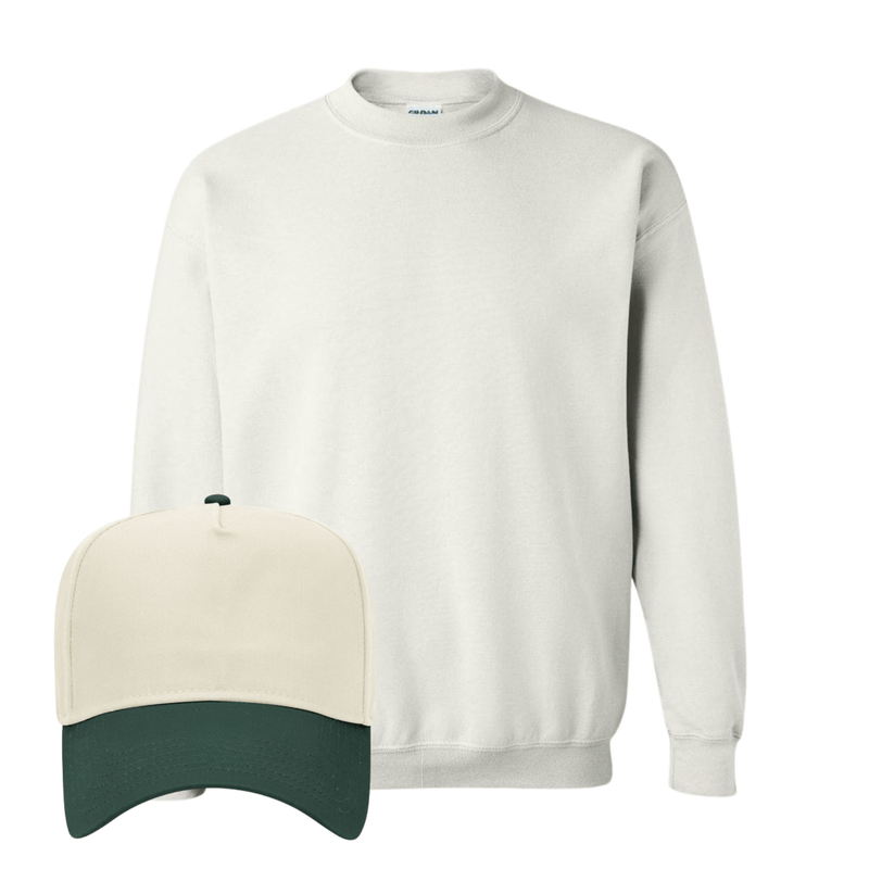 White crewneck + cream-green “GAMEDAY” hat.