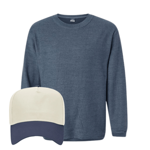 Pigment blue crewneck + cream-navy “GAMEDAY” hat.