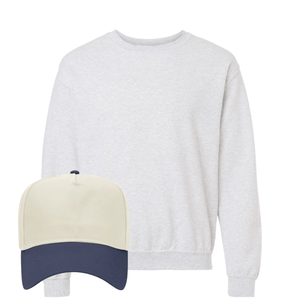 Heather gray crewneck + cream-navy “GAMEDAY” hat