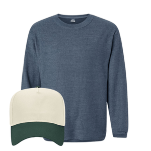 Pigment blue crewneck + cream-green “GAMEDAY” hat.