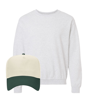 Heather gray crewneck + cream-green “GAMEDAY” hat