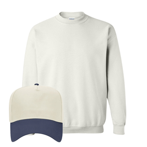 White crewneck + cream-navy “GAMEDAY” hat.